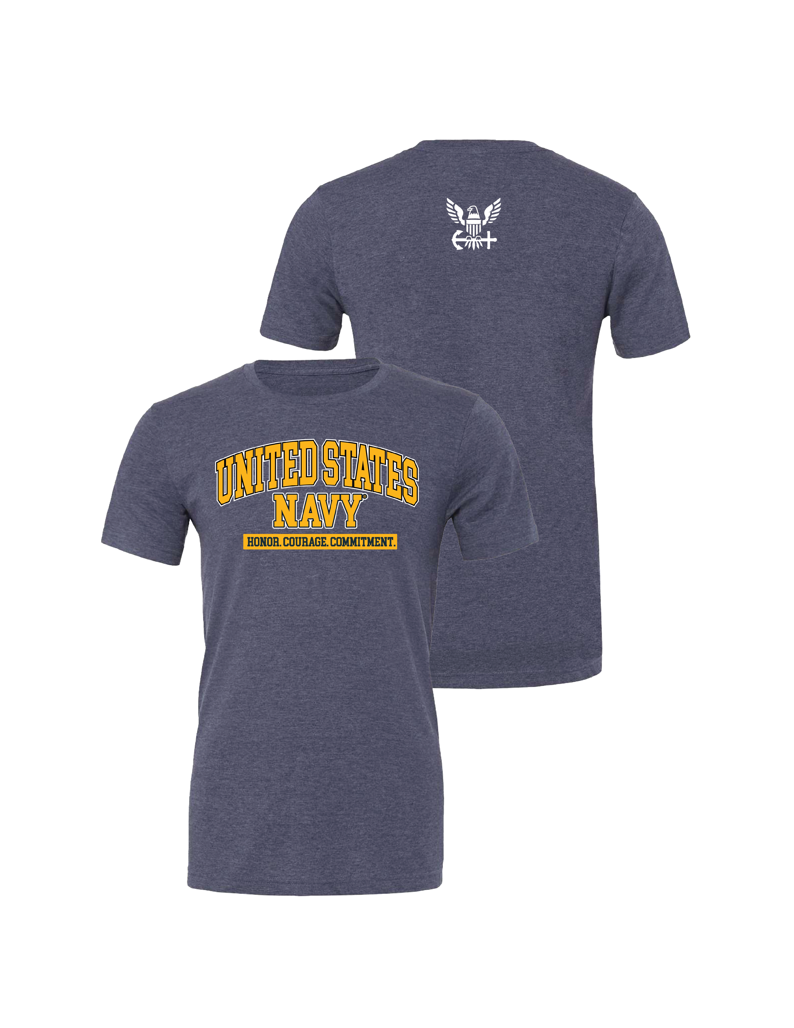 Navy Honor Courage Commitment T-Shirt in heather navy — men’s graphic tee with U.S. Navy core values