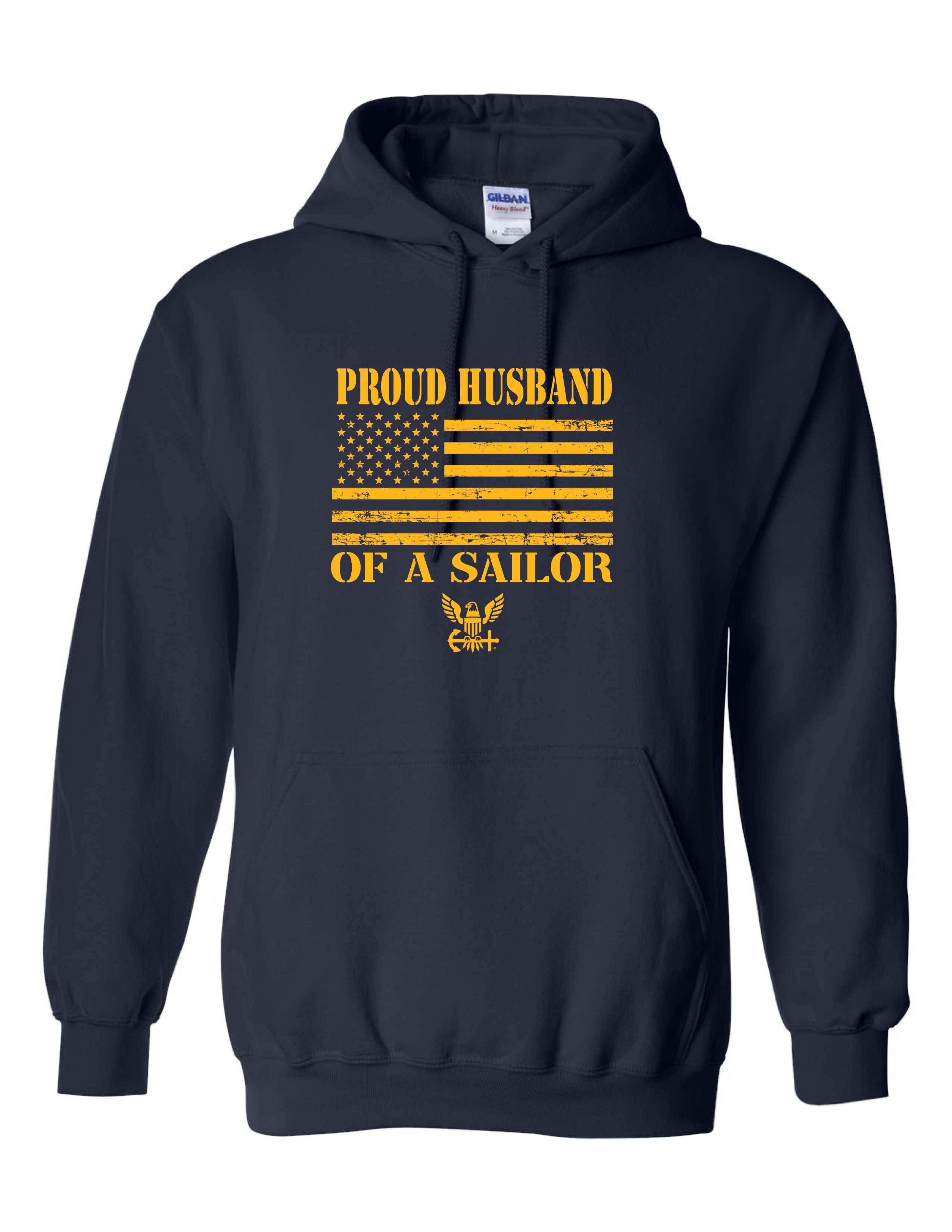 Gold American flag and Navy emblem printed on Proud Husband of a Sailor navy hoodie.
