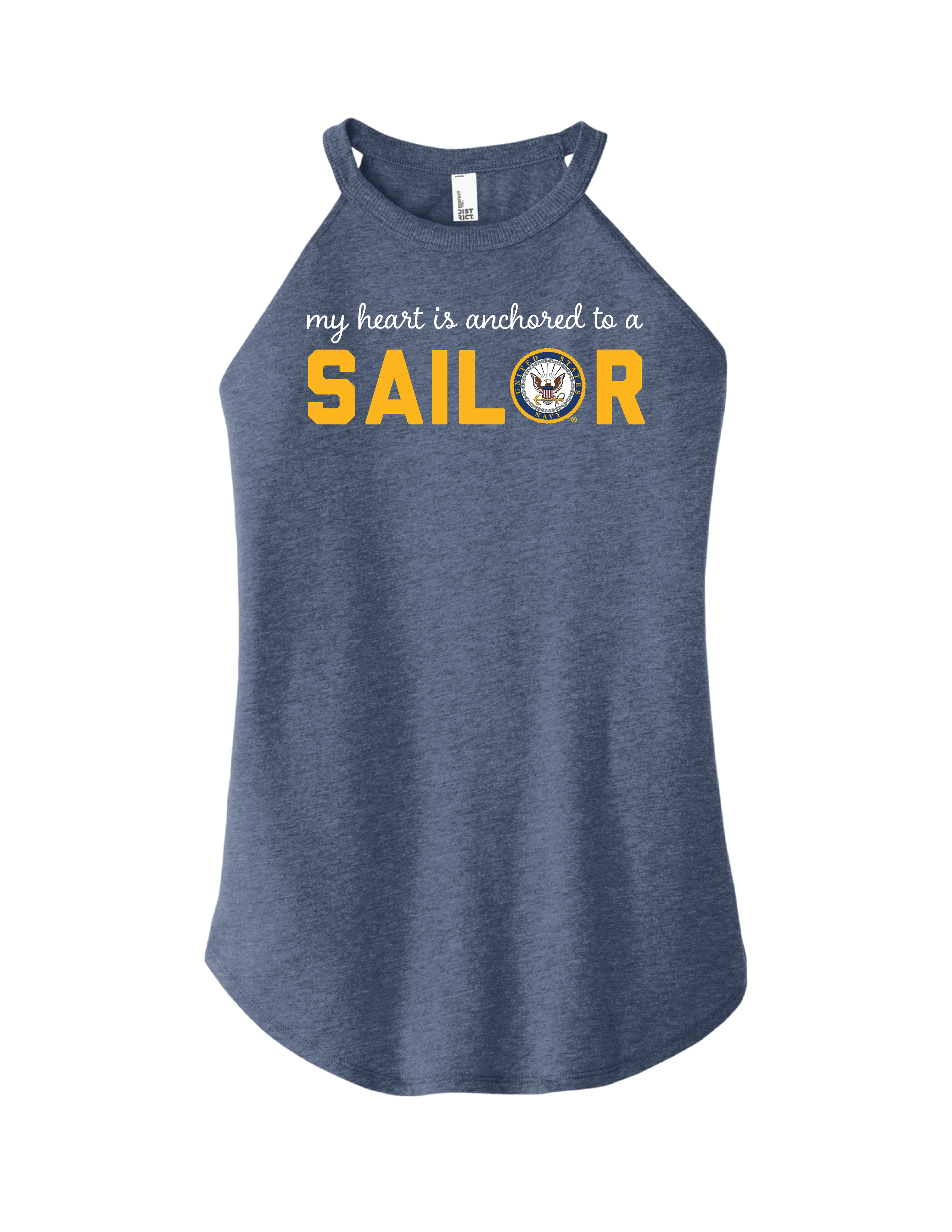 Navy Heart is Anchored tank in navy frost with anchor and heart design — officially licensed U.S. Navy women’s apparel crafted in Columbia, S.C. by Oak & Liberty.
