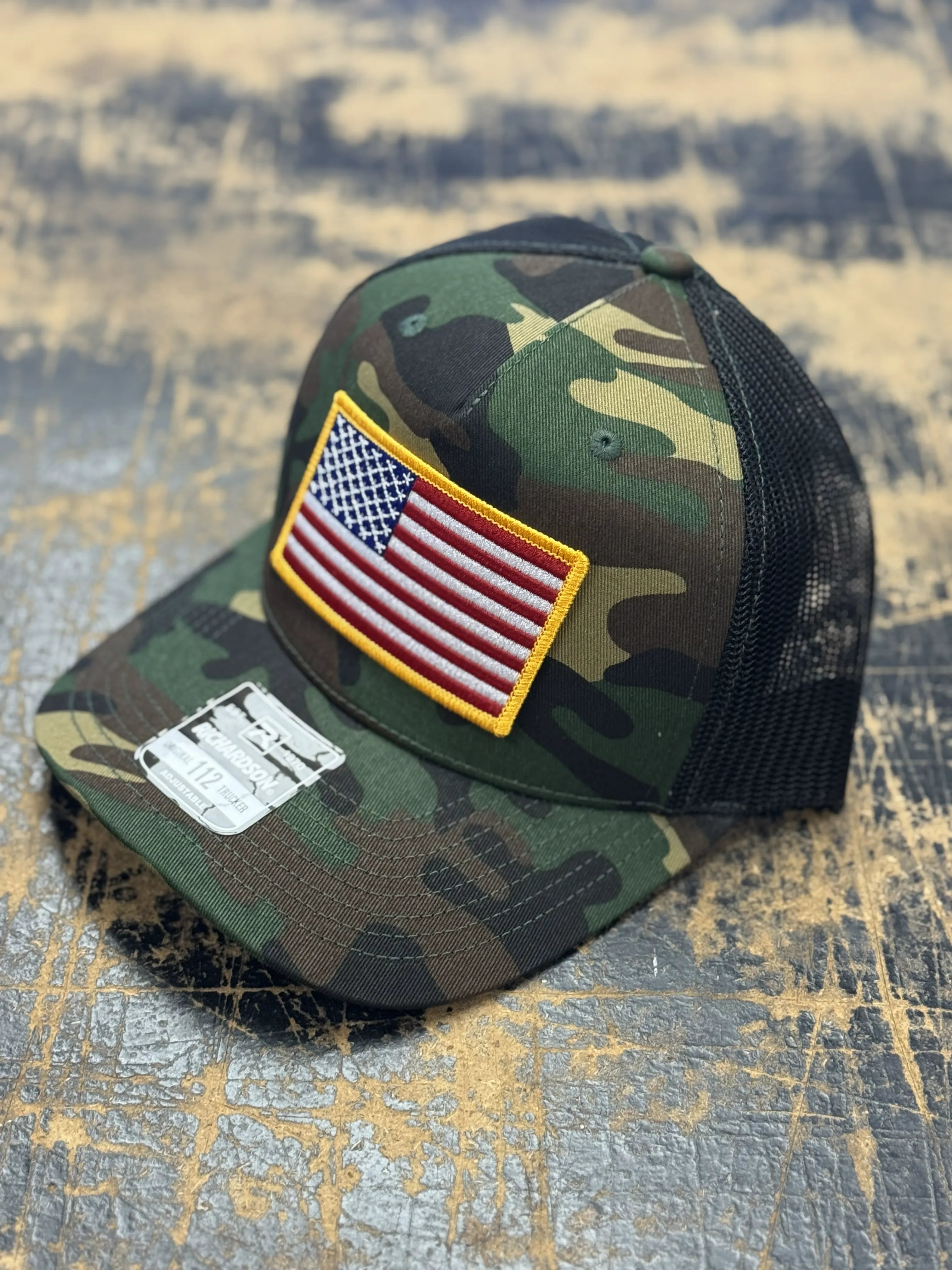 USA Flag Patch Hat, Richardson 112 PT Trucker |  Green Camo/Black