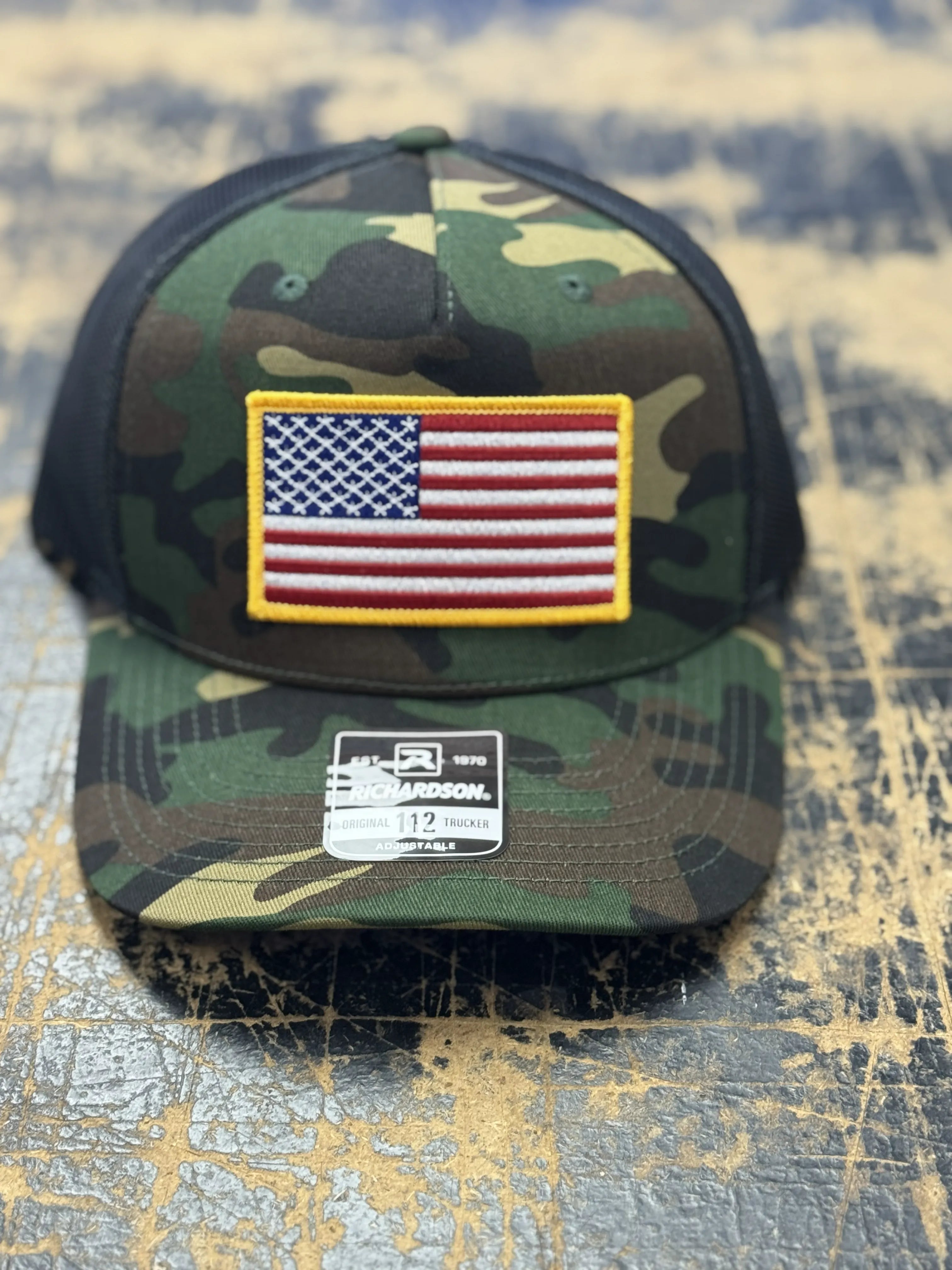 USA Flag Patch Hat, Richardson 112 PT Trucker |  Green Camo/Black