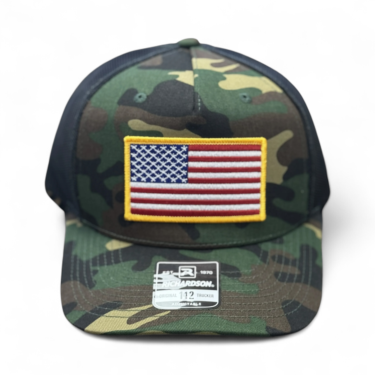 USA Flag Patch Hat, Richardson 112 PT Trucker |  Green Camo/Black