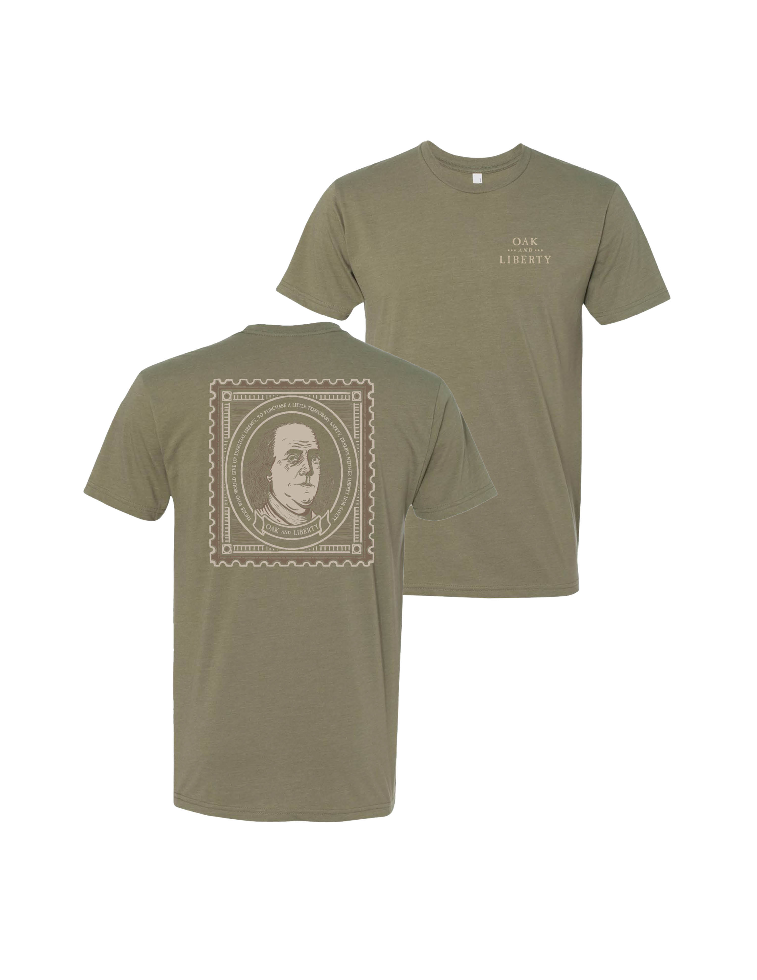 Benjamin Franklin Vintage Stamp T-Shirt, Historic American Founding Father T-Shirt - Light Olive