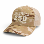 America 250 Anniversary Hat – 1776-2026 Patriotic Cap | Richardson 112PT Multicam Arid / Tan Trucker