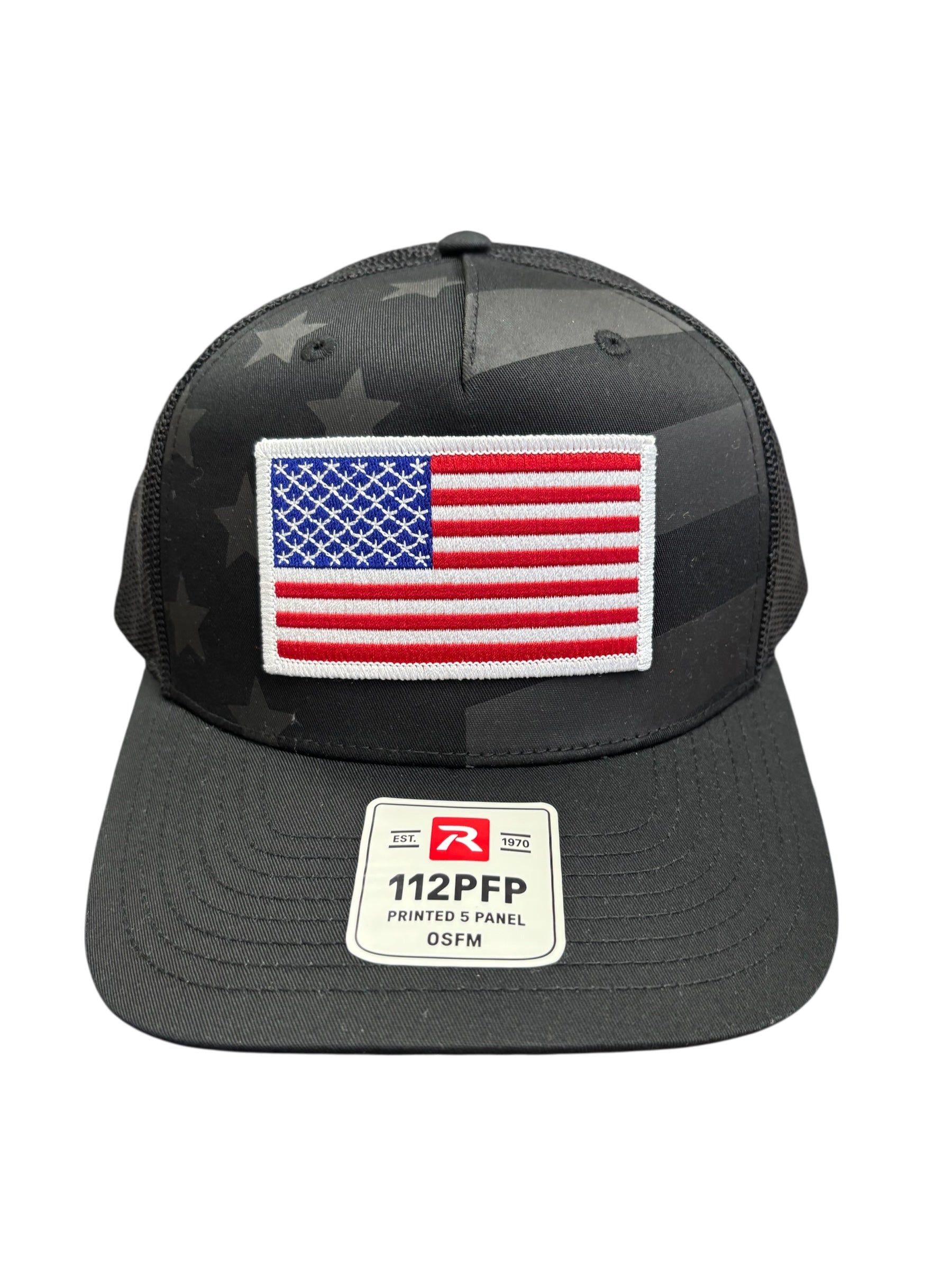 USA Flag Patch Hat, Richardson 112PFP Five Panel Trucker | Black/Stars and Stripes
