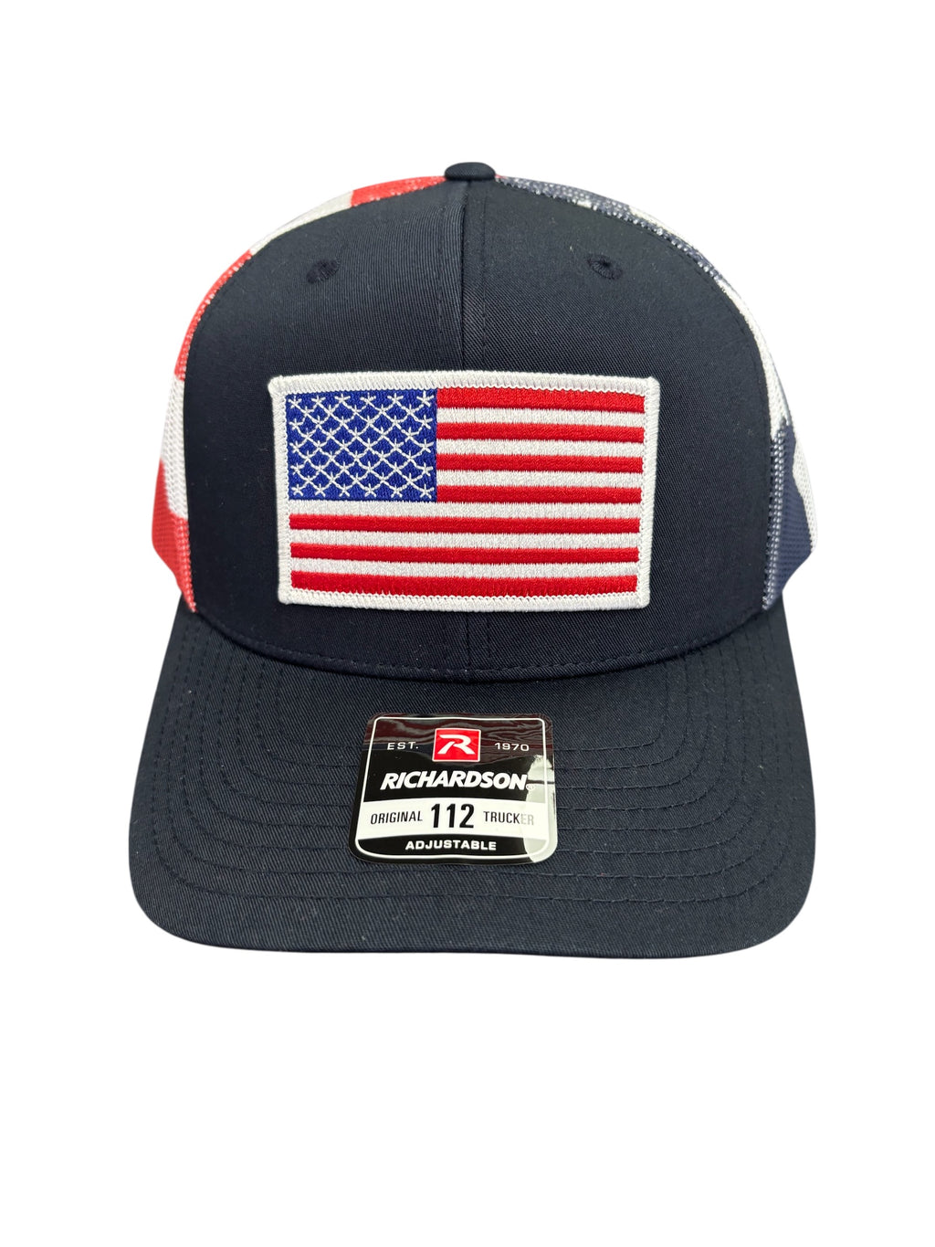 USA Flag Patch Hat, Richardson 112PM Printed Mesh Trucker | Navy/Stars and Stripes