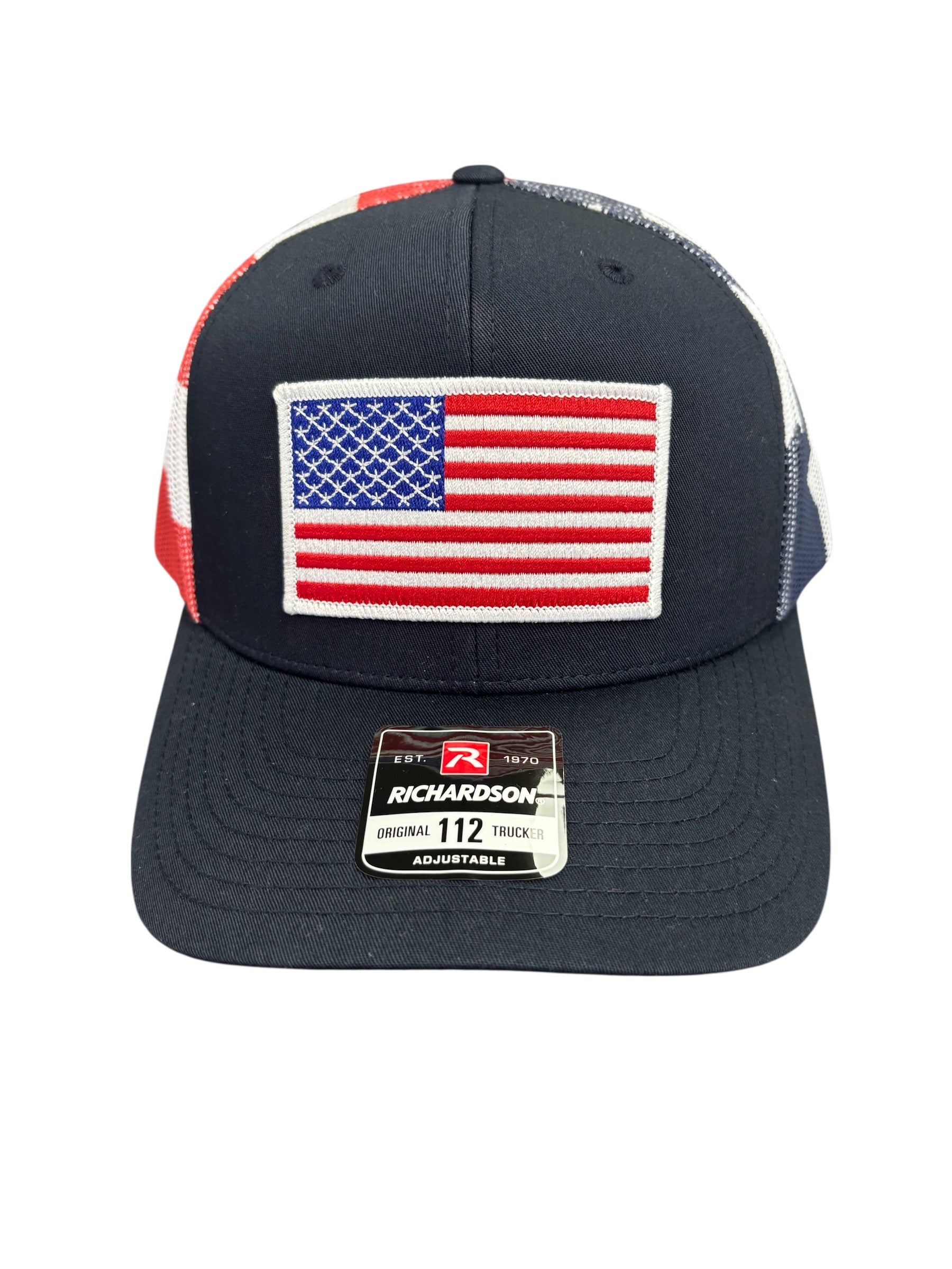 USA Flag Patch Hat, Richardson 112PM Printed Mesh Trucker | Navy/Stars and Stripes