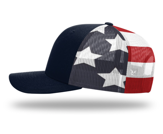 USA Flag Patch Hat, Richardson 112PM Printed Mesh Trucker | Navy/Stars and Stripes