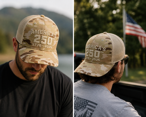 America's 250th Anniversary Hat – 1776-2026 Patriotic Cap | Richardson 112PT Multicam Arid / Tan Trucker