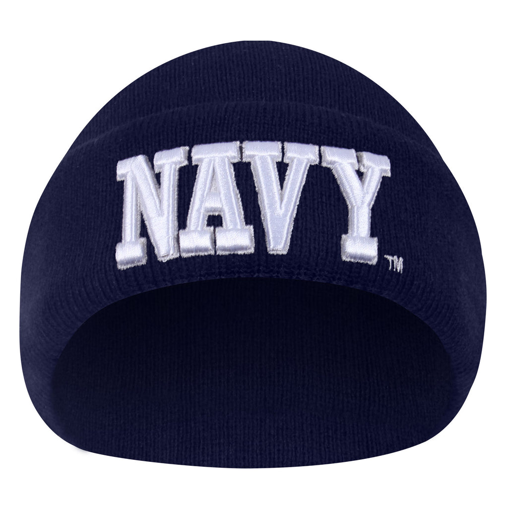 Raised white embroidered NAVY lettering on navy blue beanie, showcasing military-style precision.