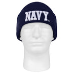 Navy blue knit cap with curved stretch fit and raised embroidery, designed for warmth and comfort.