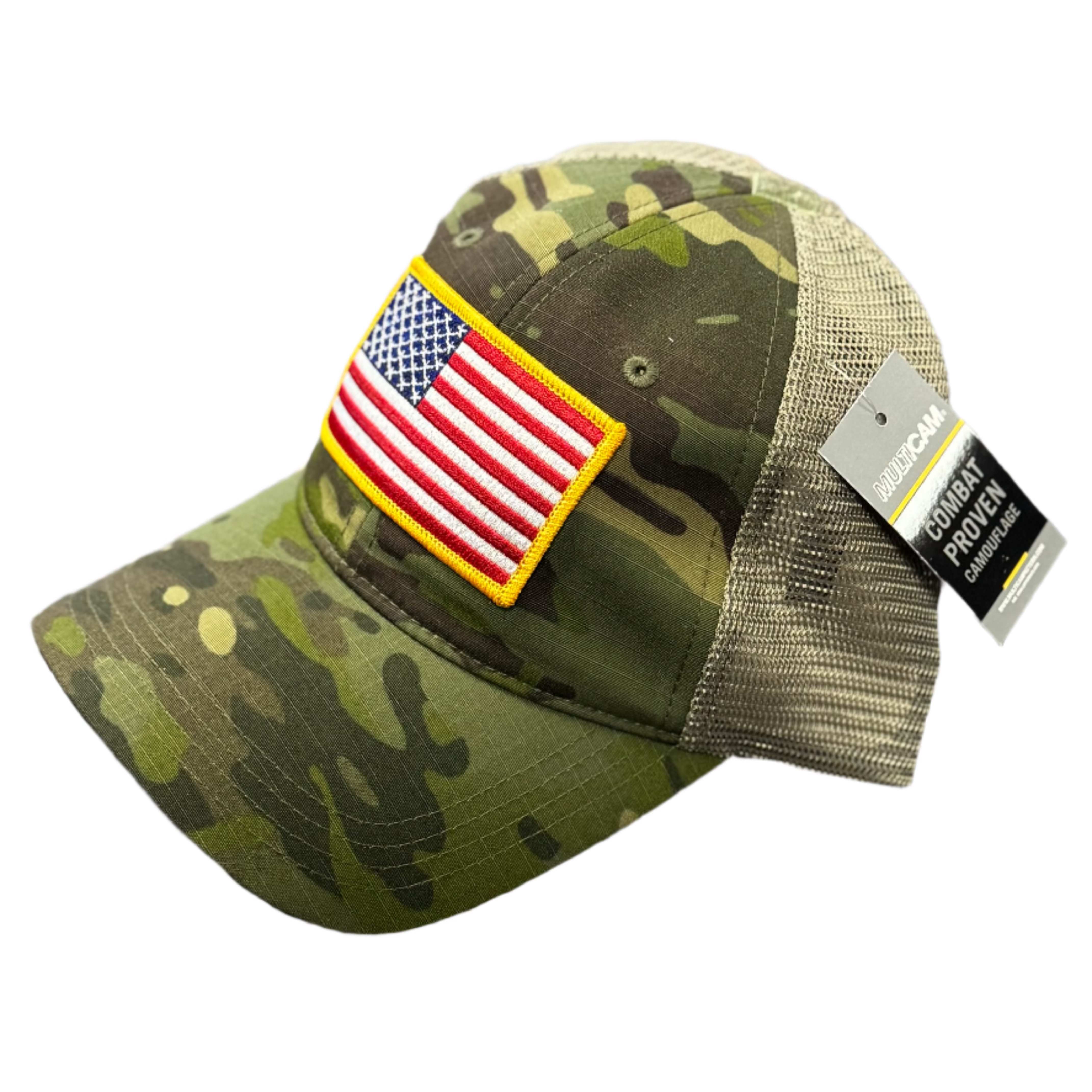 Camouflage cap with American flag patch on a textured surface