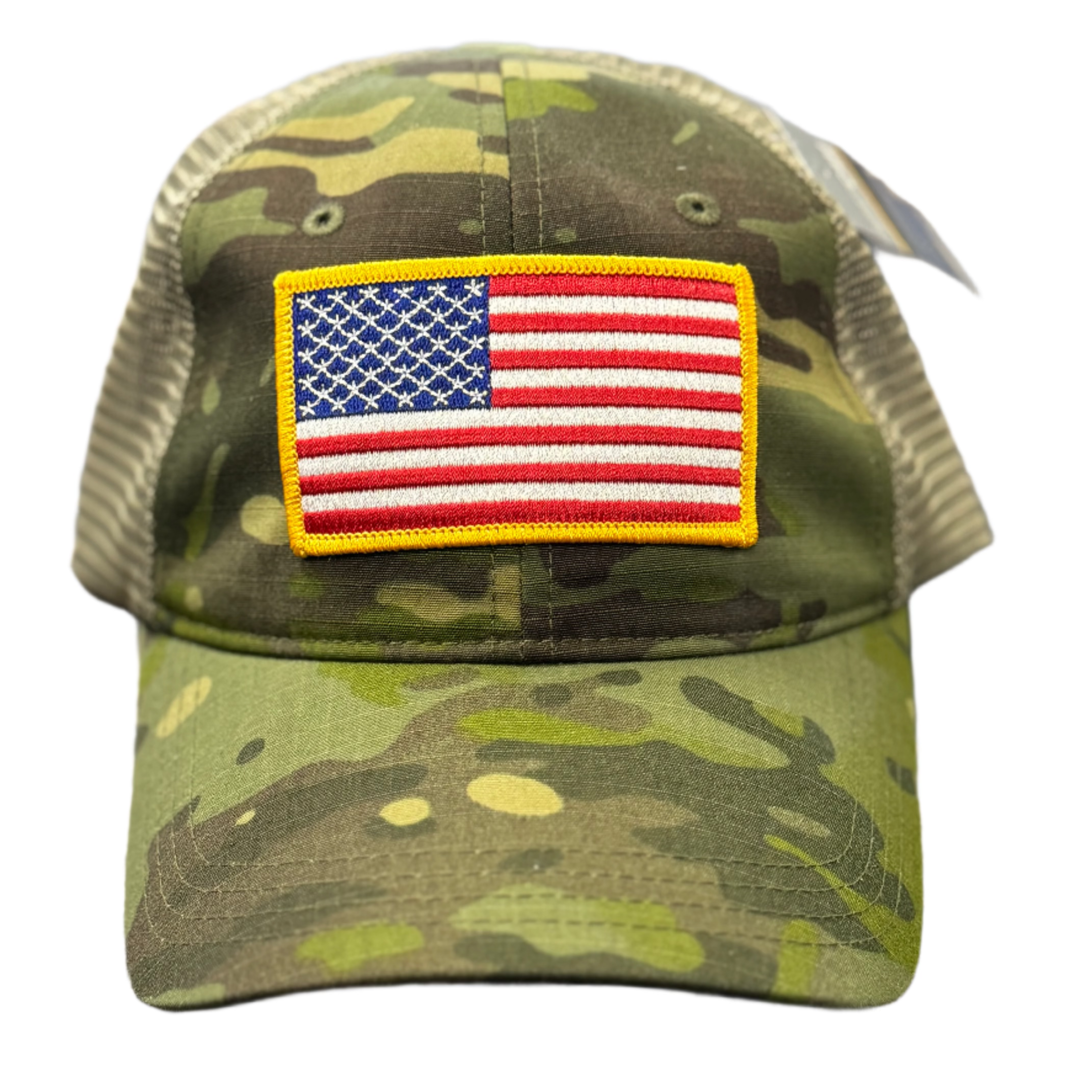 Camouflage cap with American flag patch on a mesh surface