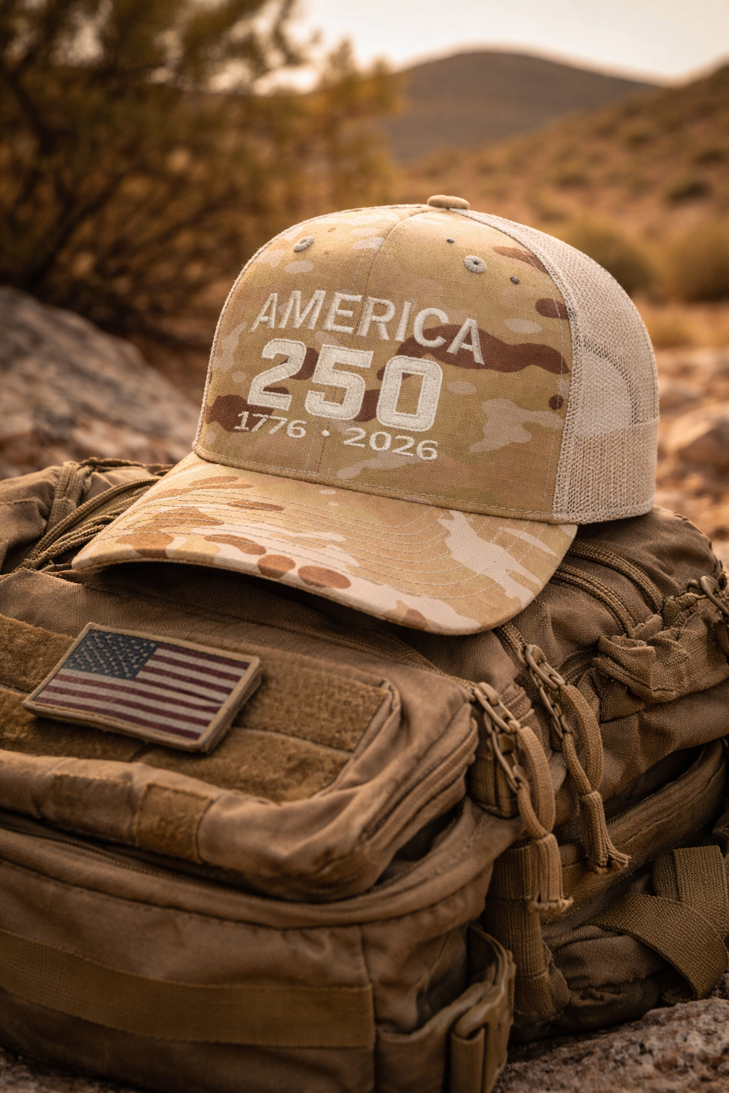 America 250 Anniversary Hat – 1776-2026 Patriotic Cap | Richardson 112PT Multicam Arid / Tan Trucker