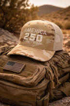 America 250 Anniversary Hat – 1776-2026 Patriotic Cap | Richardson 112PT Multicam Arid / Tan Trucker