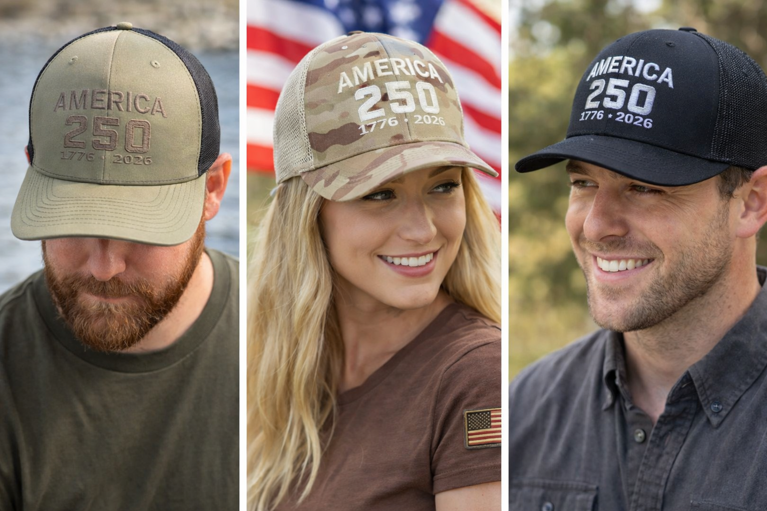 America 250 Anniversary Hat – 1776-2026 Patriotic Cap | Richardson 112PT Multicam Arid / Tan Trucker