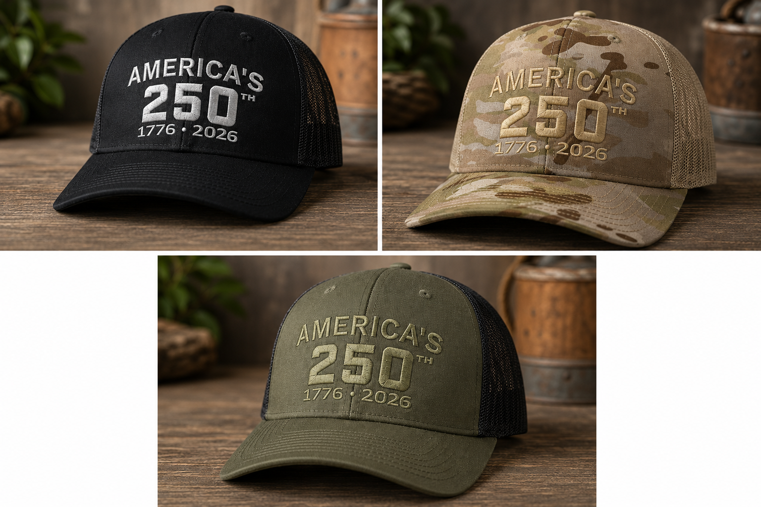 America's 250th Anniversary Hat – 1776-2026 Patriotic Cap | Richardson 112PT Multicam Arid / Tan Trucker