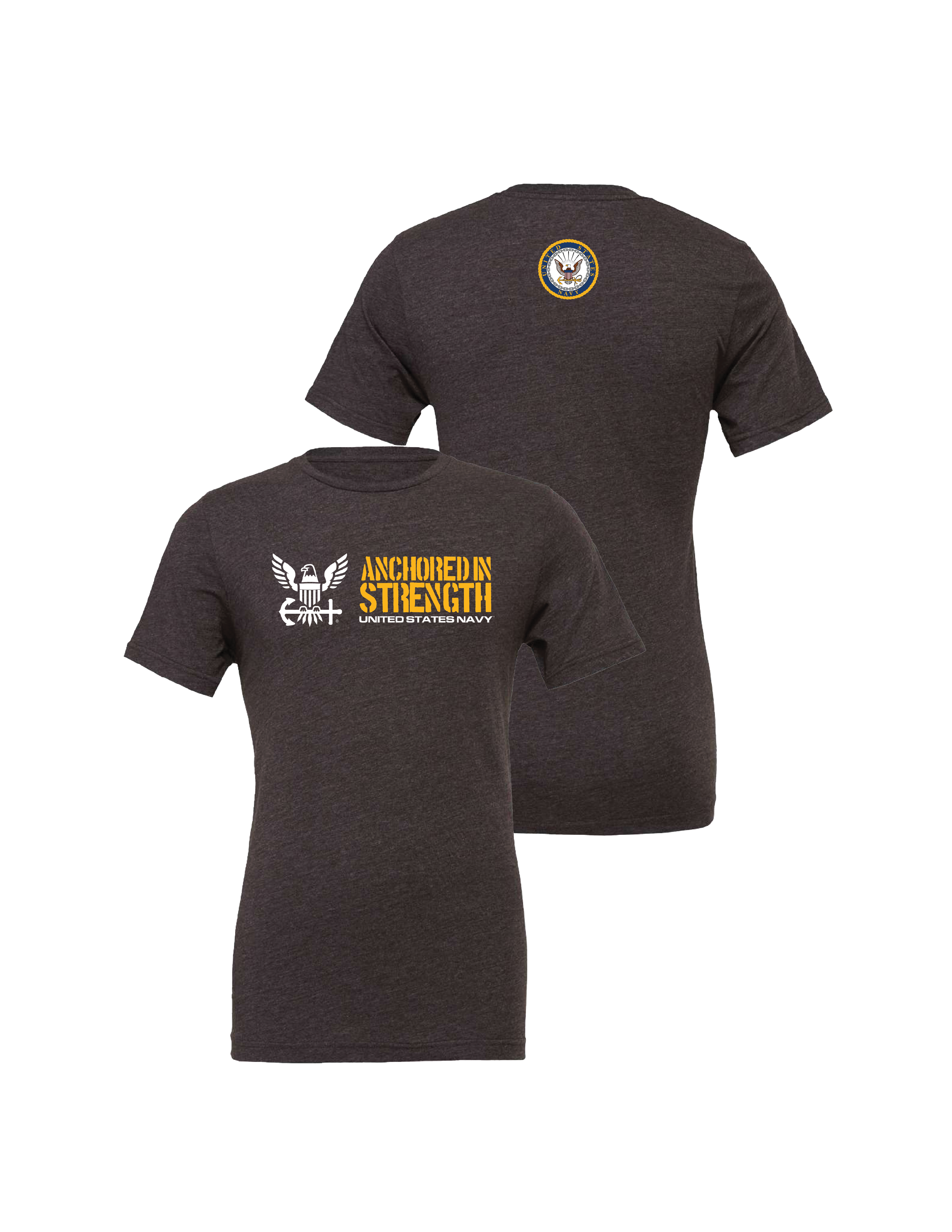 Anchored in Strength Navy design detail printed on premium Bella + Canvas 3001CVC t shirt.