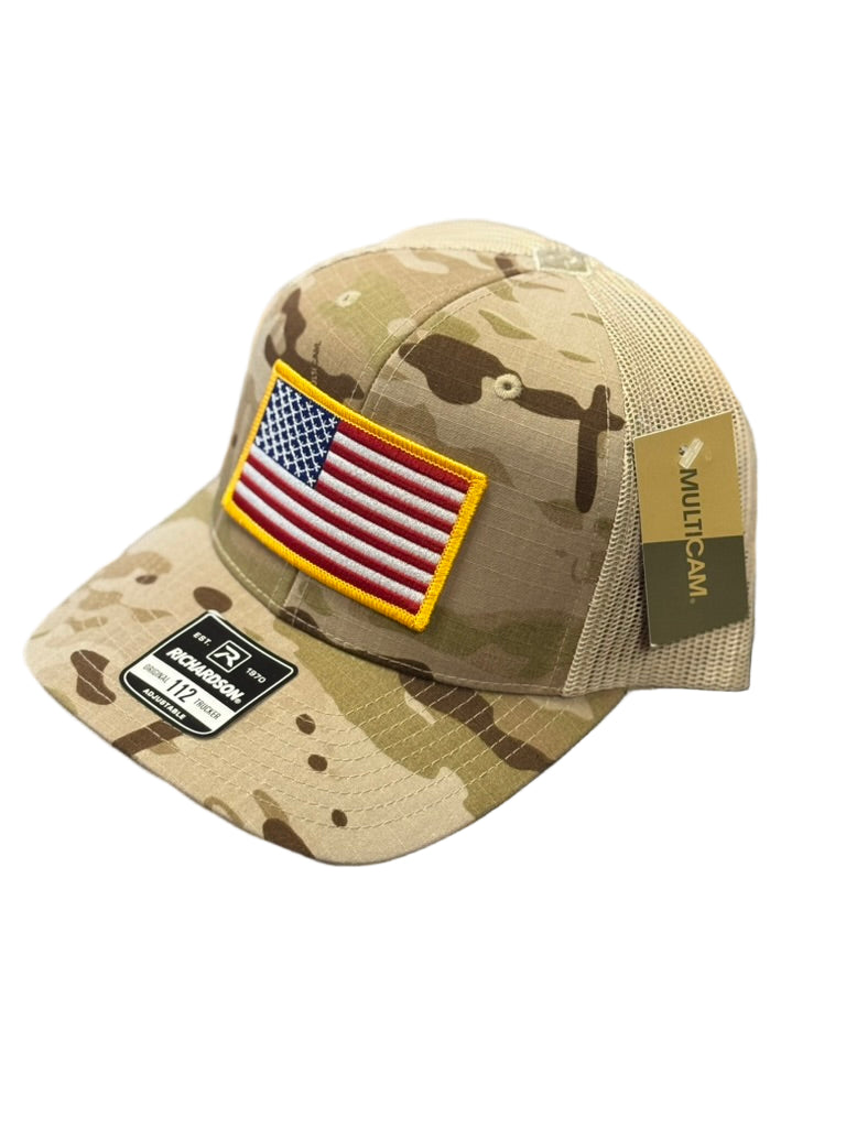 USA Flag Patch Hat, Richardson 112PT Trucker | Multicam Arid / Tan