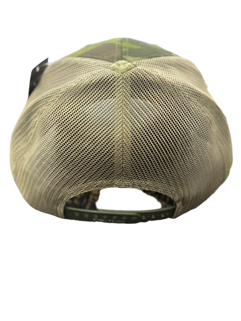 Green cap with mesh back on a scratched surface