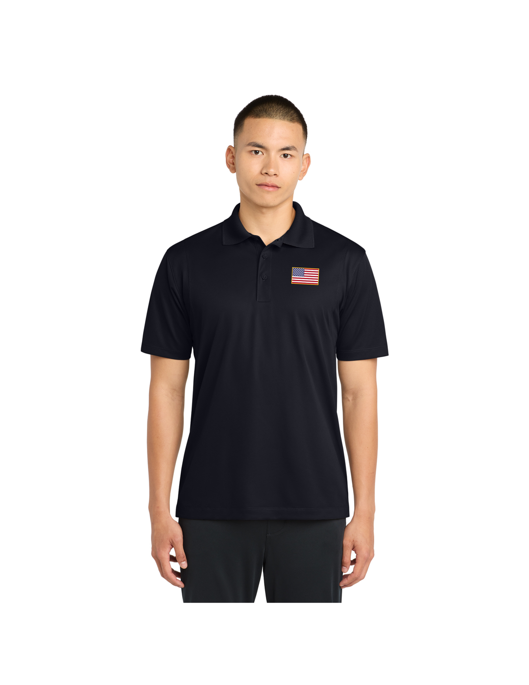 Embroidered American Flag Performance Polo (Black)