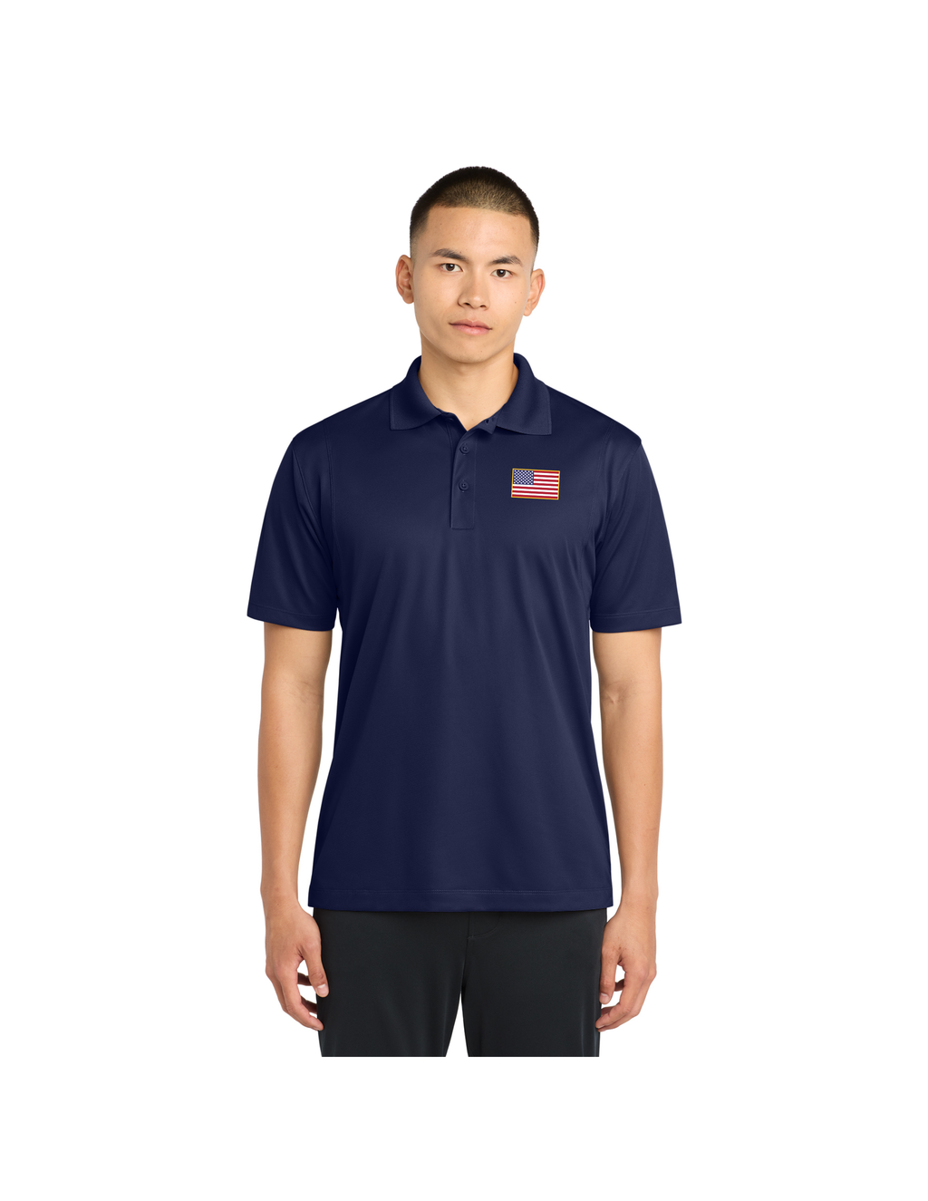 Embroidered American Flag Performance Polo - Navy Blue