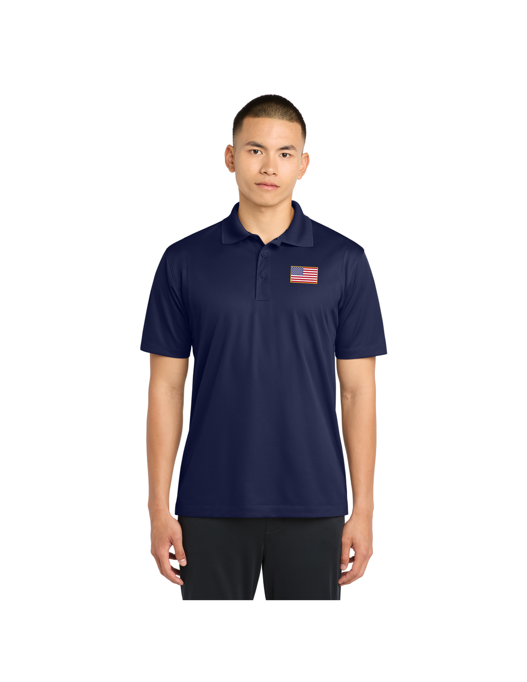 Embroidered American Flag Performance Polo (Navy Blue)