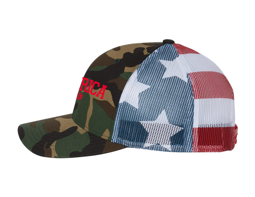 America Trucker Hat - Red Text (GREEN CAMO/FLAG)