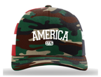 America Trucker Hat - White Text (GREEN CAMO/FLAG)