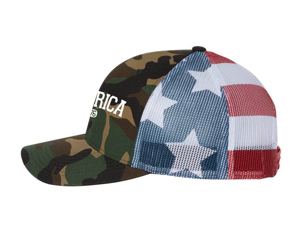 America Trucker Hat - White Text (GREEN CAMO/FLAG)