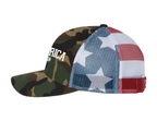 America Trucker Hat - White Text (GREEN CAMO/FLAG)
