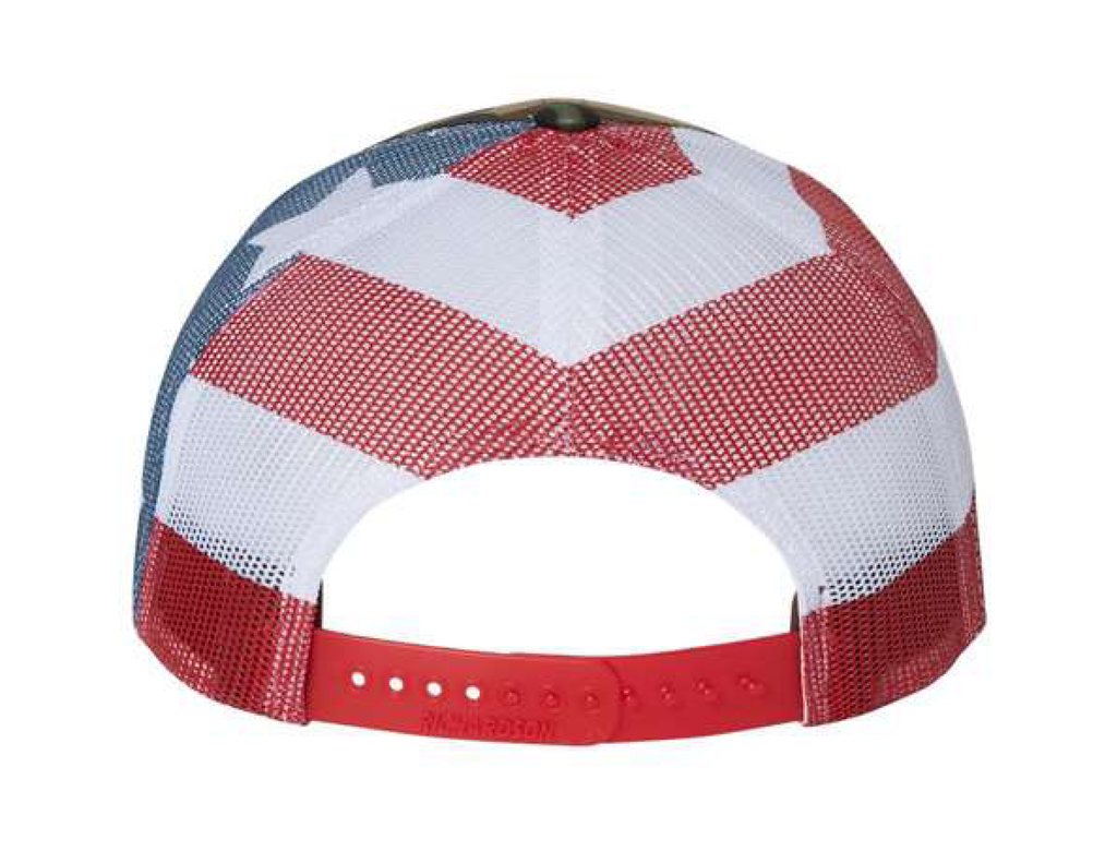 America Trucker Hat - White Text (GREEN CAMO/FLAG)