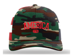 America Trucker Hat - Red Text (GREEN CAMO/FLAG)