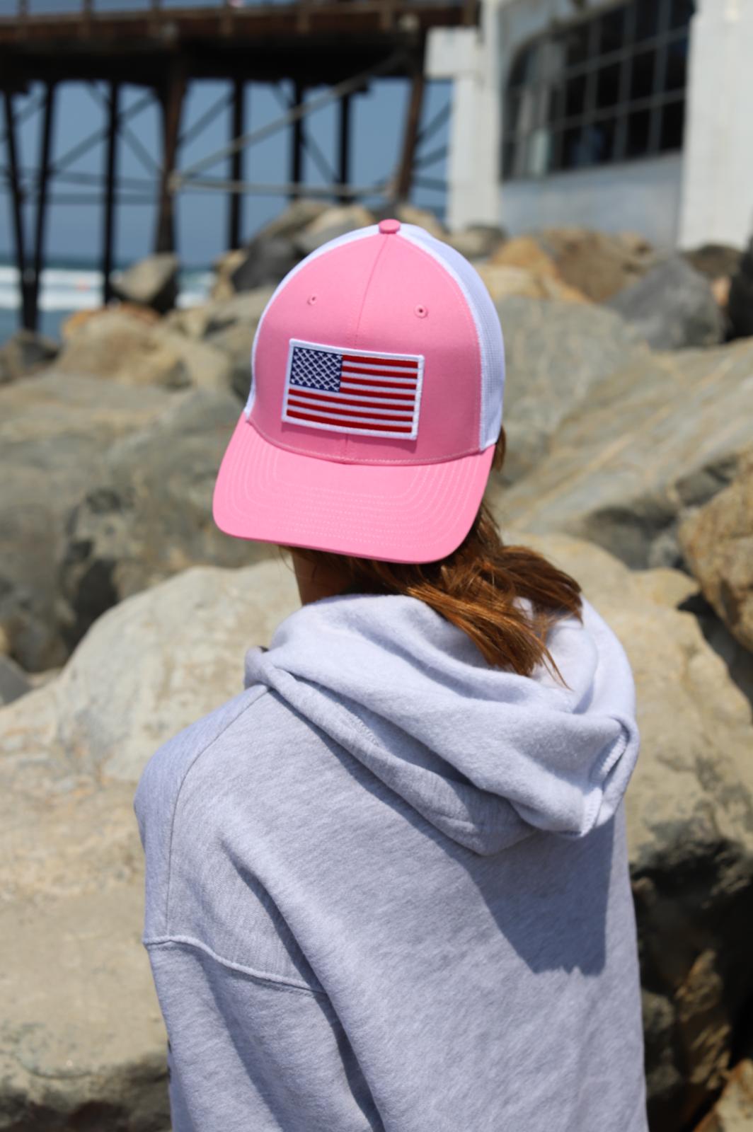 American Flag Patch Trucker Hat (PINK/WHITE) - WHITE BORDER