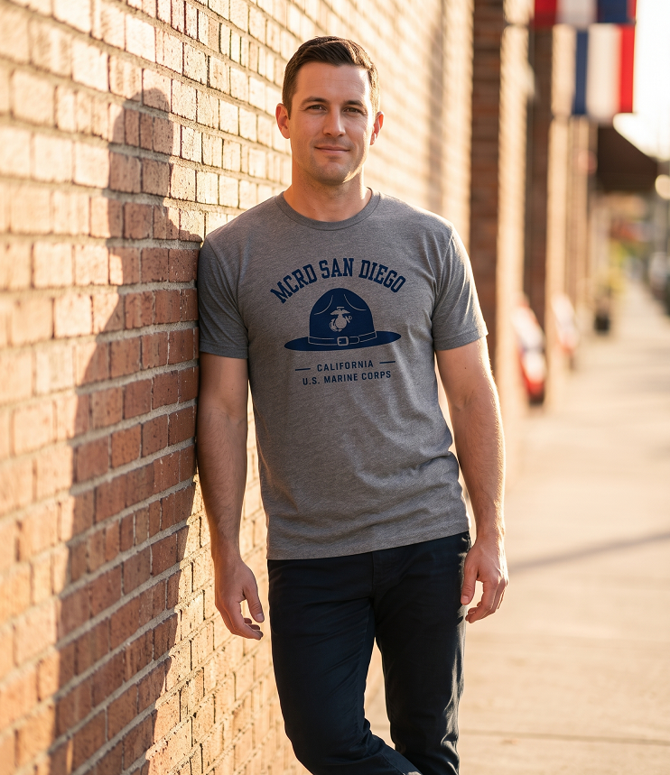 United States Marine Corps MCRD San Diego Campaign Cover T-Shirt - Dark Heather Gray