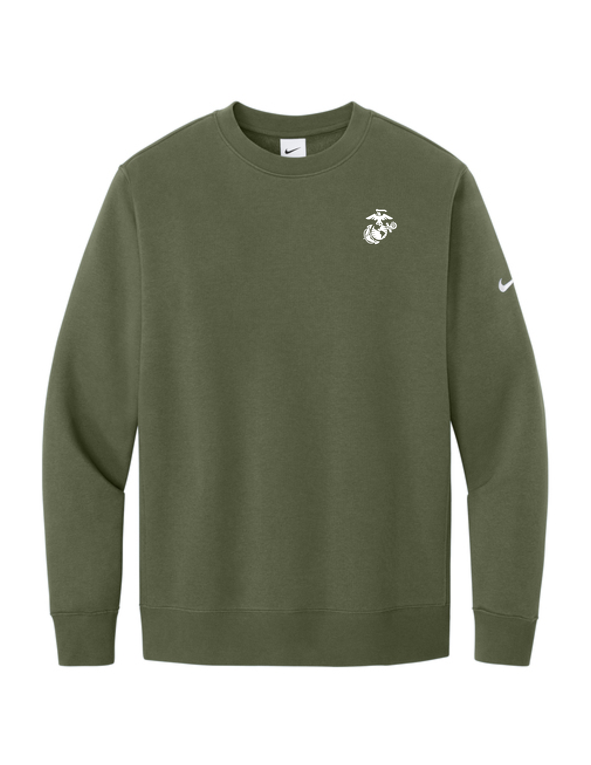 U.S. Marine Corps Embroidered Nike Club Fleece Sleeve Swoosh Crew (Medium Olive)