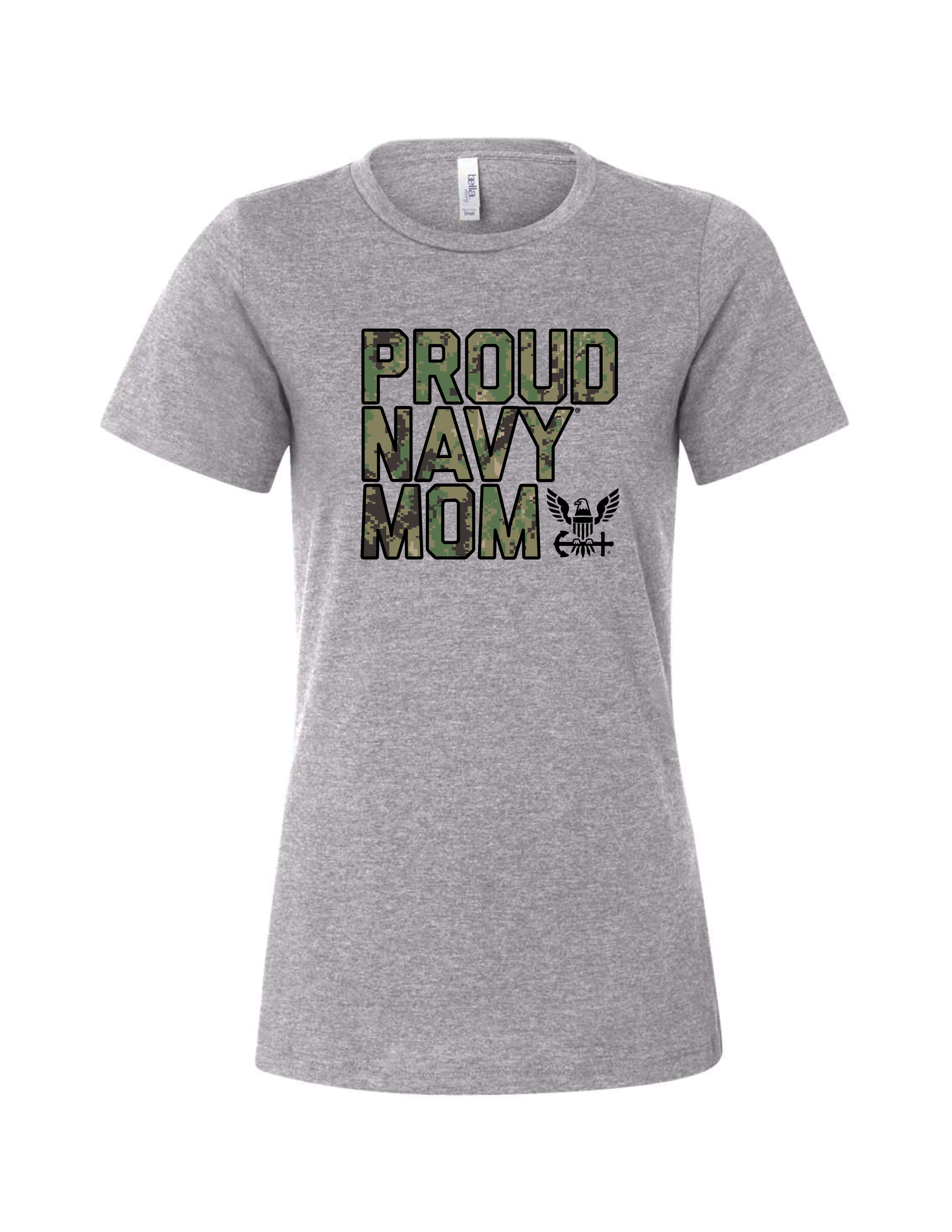 Navy Mom ladies cut T-shirt in athletic heather — soft women’s graphic tee with camo Navy design