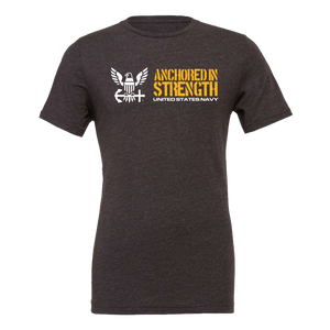 Navy Anchored in Strength T-Shirt (Dark Grey Heather)