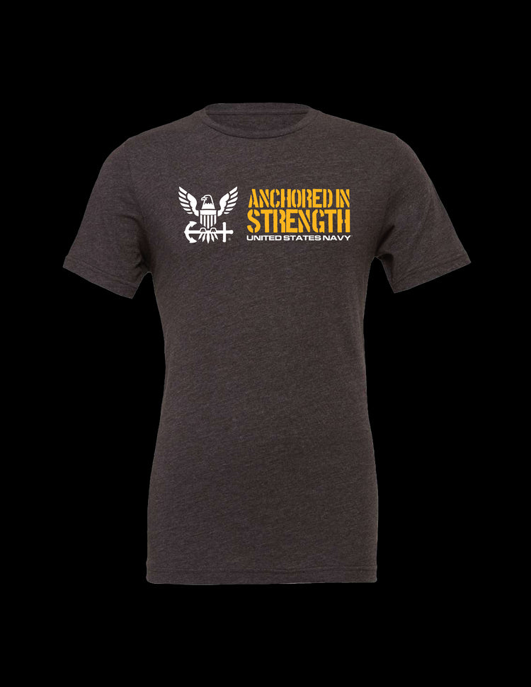 Anchored in Strength Navy design detail printed on premium Bella + Canvas 3001CVC t shirt.