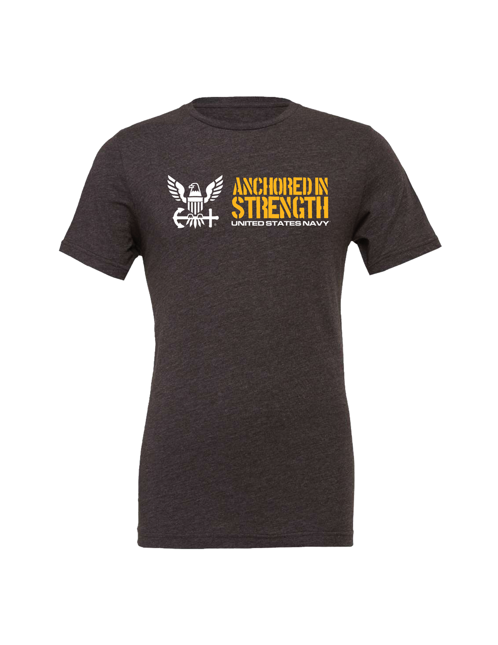 Anchored in Strength Navy design detail printed on premium Bella + Canvas 3001CVC t shirt.
