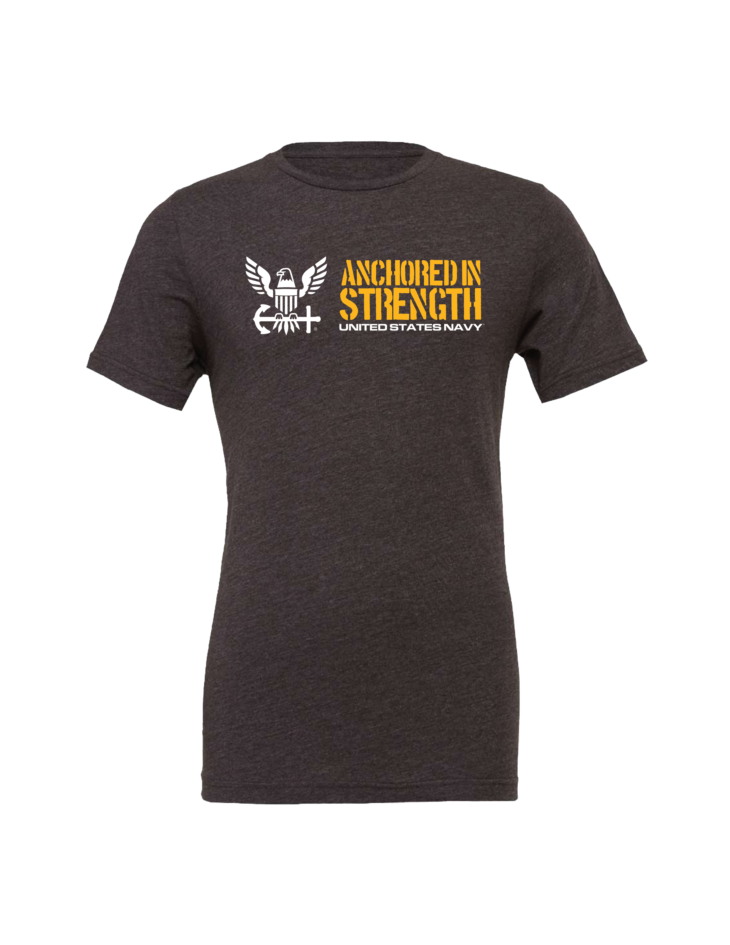 Anchored in Strength Navy design detail printed on premium Bella + Canvas 3001CVC t shirt.