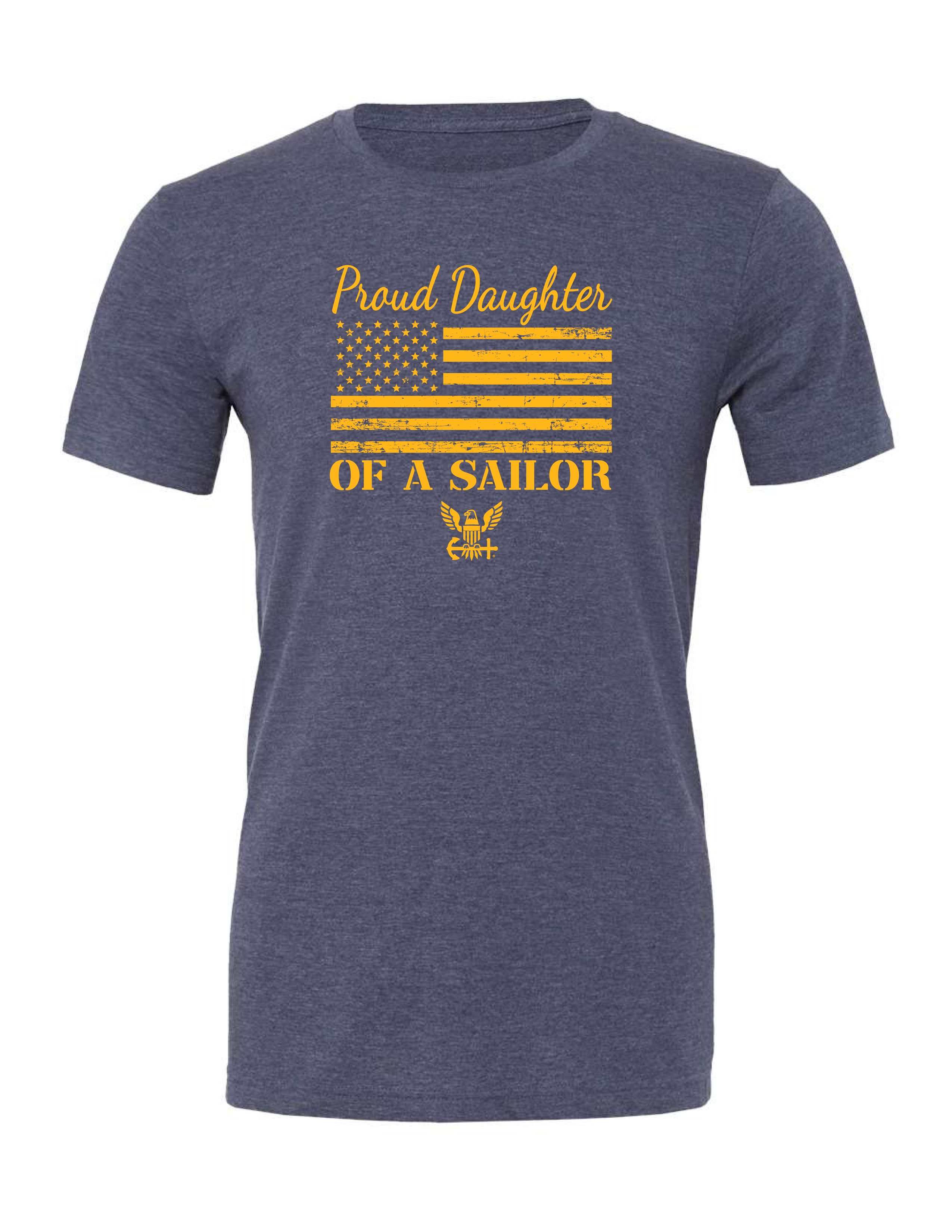Gold American flag and Navy emblem design on Proud Daughter of a Sailor navy t-shirt.
