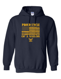 Gold American flag and Navy emblem printed on Proud Uncle of a Sailor navy hoodie.