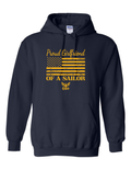 Gold American flag and Navy emblem printed on Proud Girlfriend of a Sailor navy hoodie.