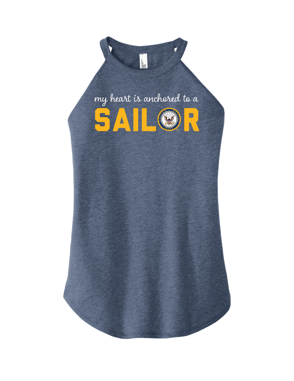 Navy Heart is Anchored tank in navy frost with anchor and heart design — officially licensed U.S. Navy women’s apparel crafted in Columbia, S.C. by Oak & Liberty.
