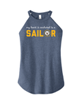 Navy Heart is Anchored tank in navy frost with anchor and heart design — officially licensed U.S. Navy women’s apparel crafted in Columbia, S.C. by Oak & Liberty.