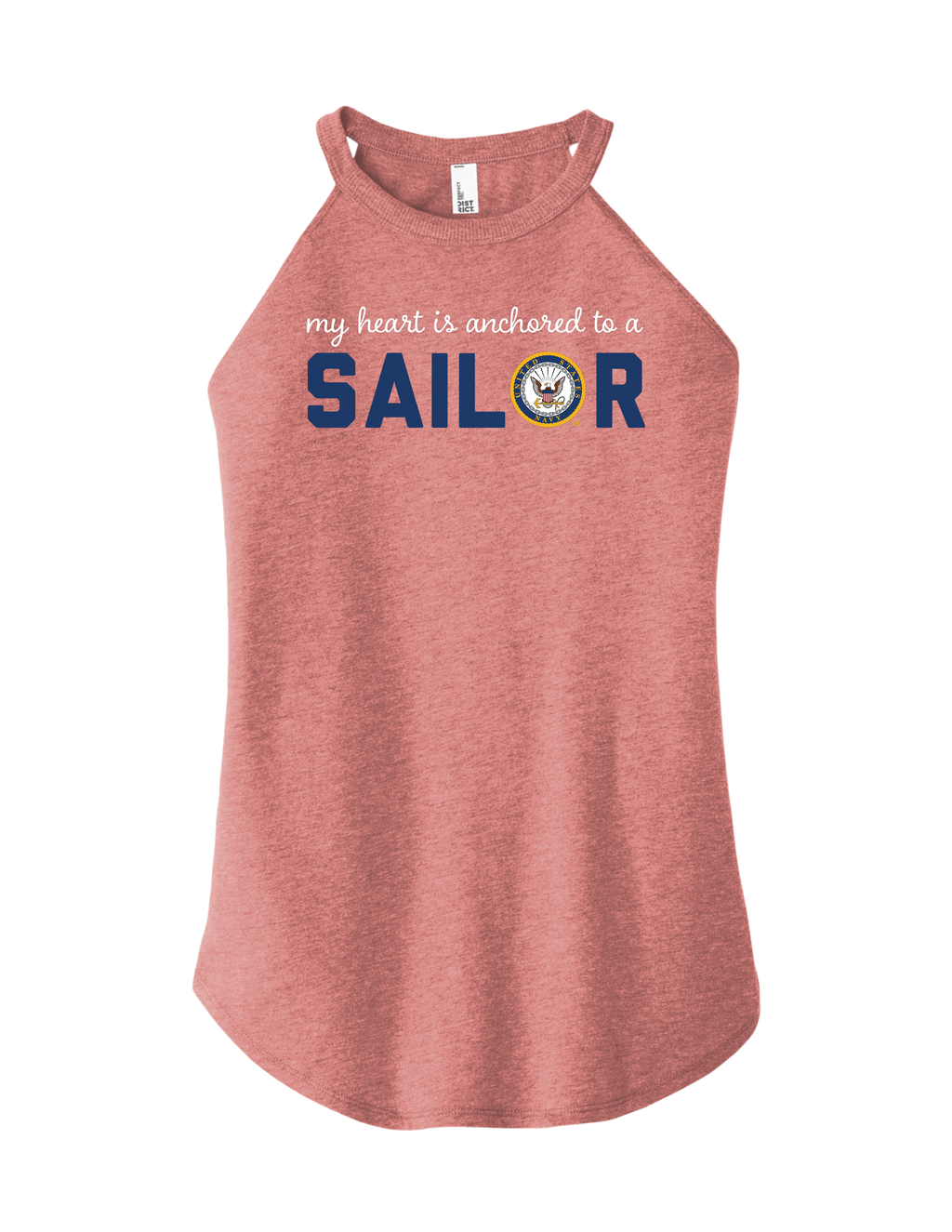 Blush pink Navy Heart is Anchored tank top with distressed anchor and heart graphic
