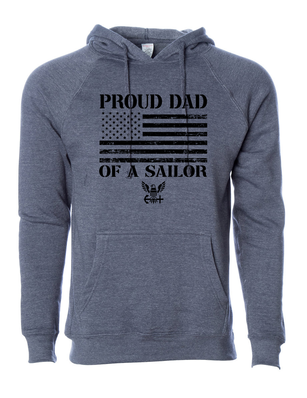 American flag and Navy emblem print on Proud Dad of a Sailor premium navy hoodie.