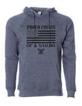 American flag and Navy emblem print on Proud Cousin of a Sailor premium hoodie.