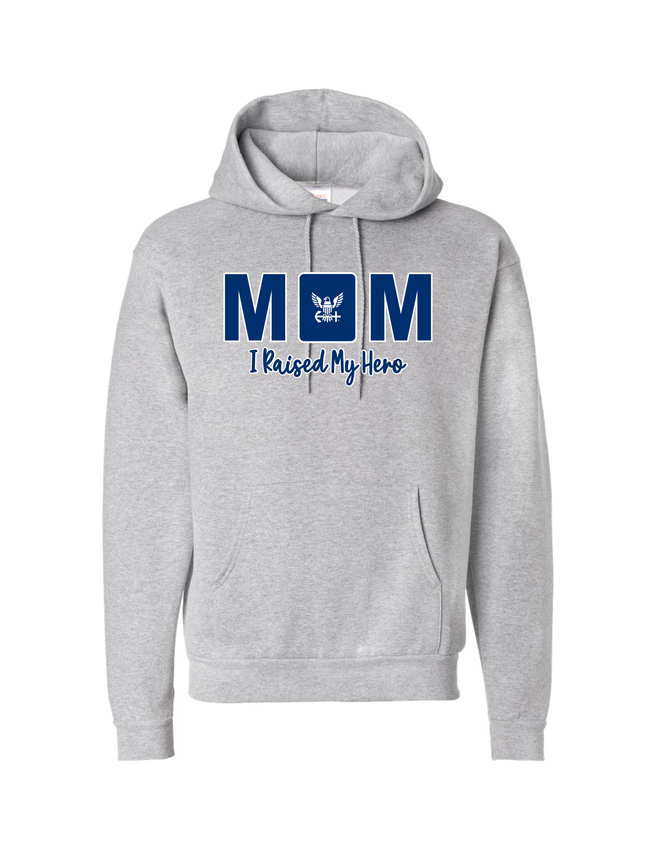 Navy Mom Raised My Hero light steel hoodie — soft cotton-blend grey patriotic hoodie officially licensed by the U.S. Navy and crafted in Columbia, S.C.